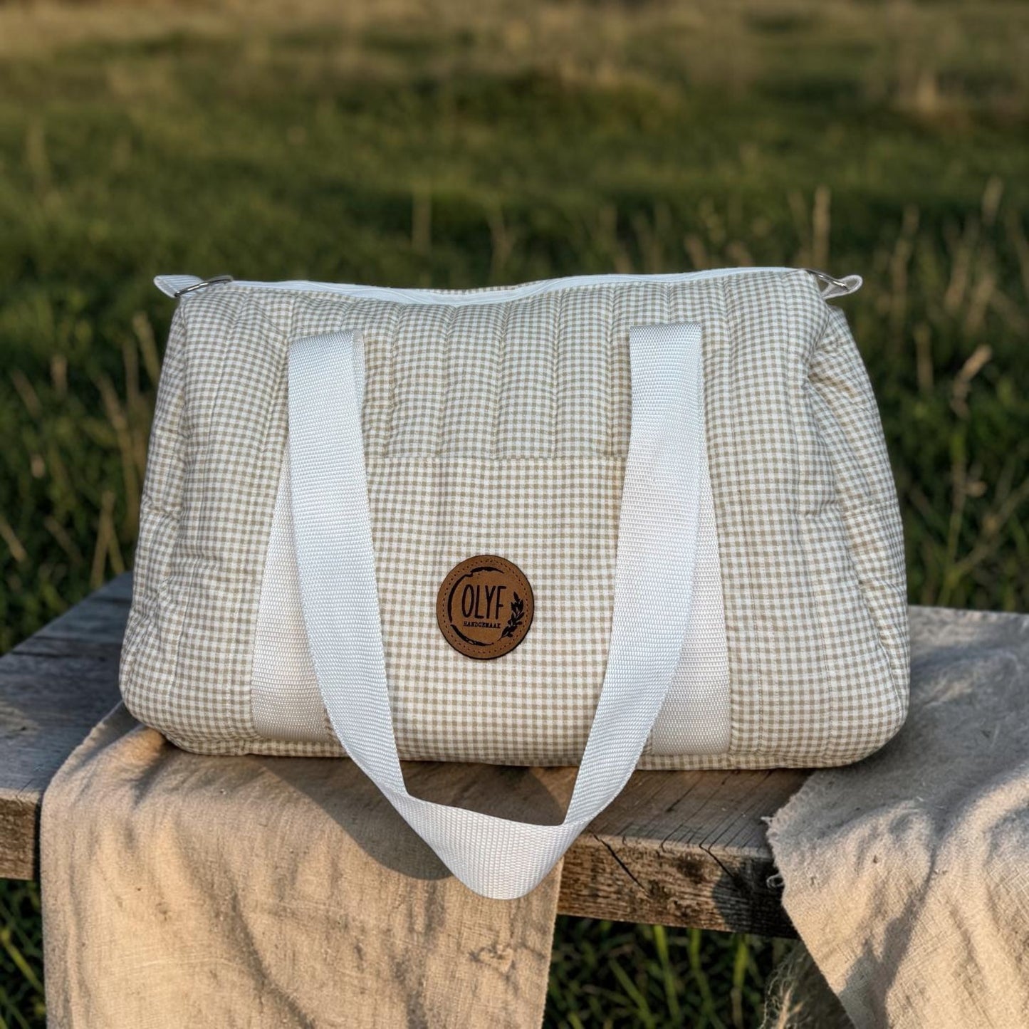 Quilted Mom Bag- Fine Beige Gingham Check
